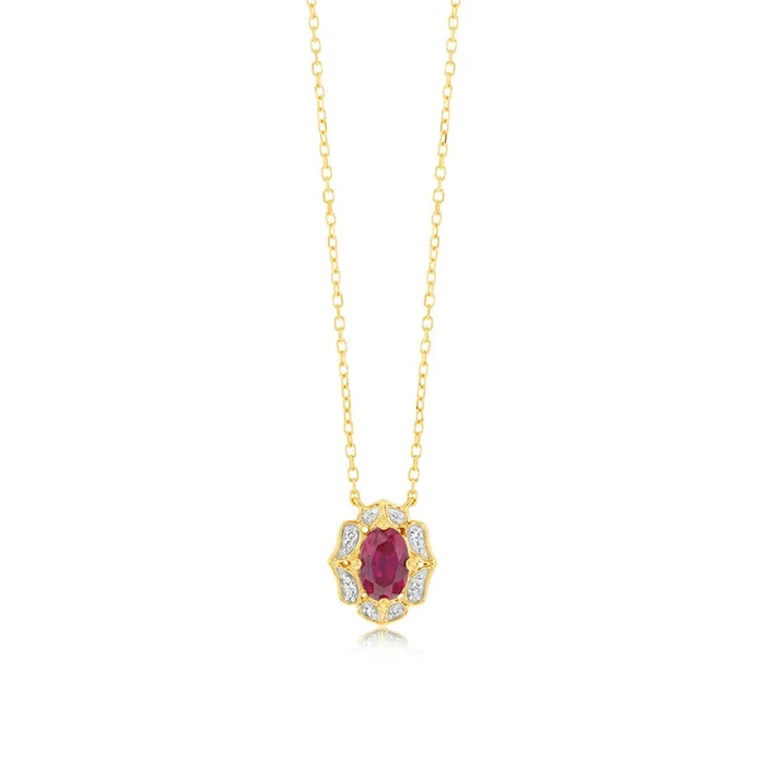 0.50 Carat Created Ruby Oval and Diamond Pendant with 45cm Chain in 9ct Yellow Gold