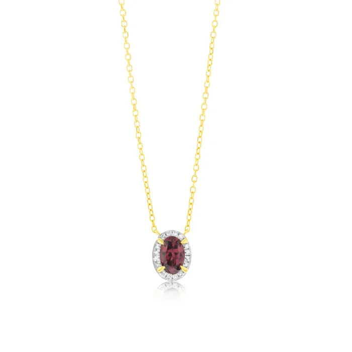 0.56 Carat Red Garnet Oval and Diamond Pendant with 45cm Chain in 9ct Yellow Gold