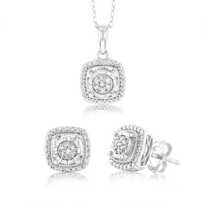 1/10 Carat Natural Diamond Pendant & Earring Set in Sterling Silver