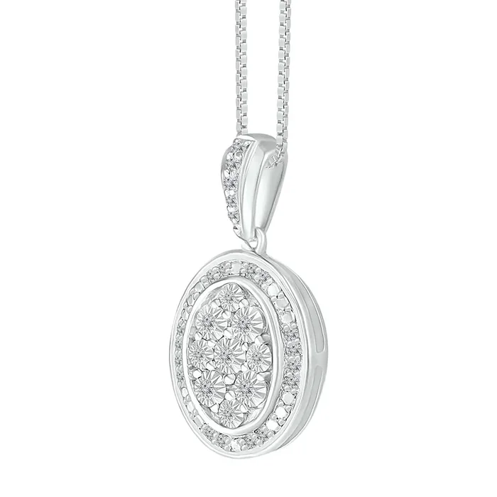 1/10 CTW Diamond Cluster Oval Shaped 18-inch Pendant in Sterling Silver