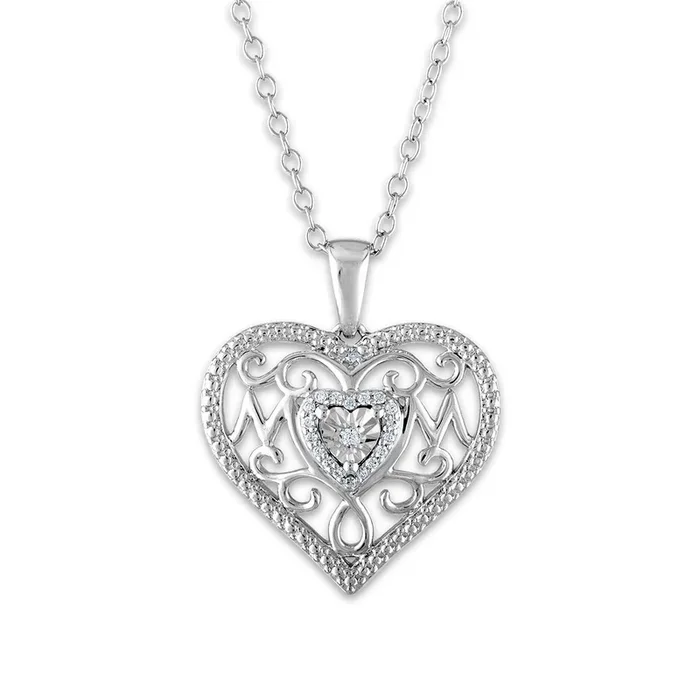 1/16 CTW Natural Diamond Heart Mom Pendant in Sterling Silver