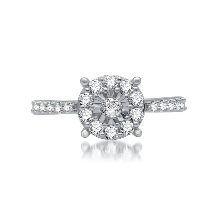 1/2 CTW Natural Diamond Halo Illusion Set Engagement Ring in Rhodium Plated Sterling Silver