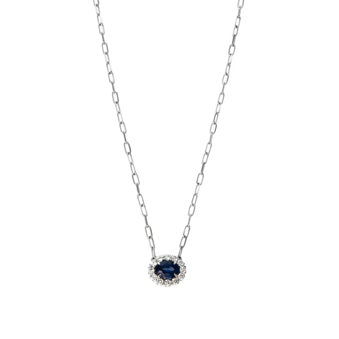 1.22ct Oval Sapphire & Diamond 14K White Gold Pendant Necklace