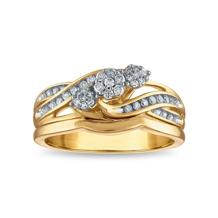 1/4 CTW Natural Diamond Three Stone Cluster Bridal Set Ring in 10KT Yellow Gold