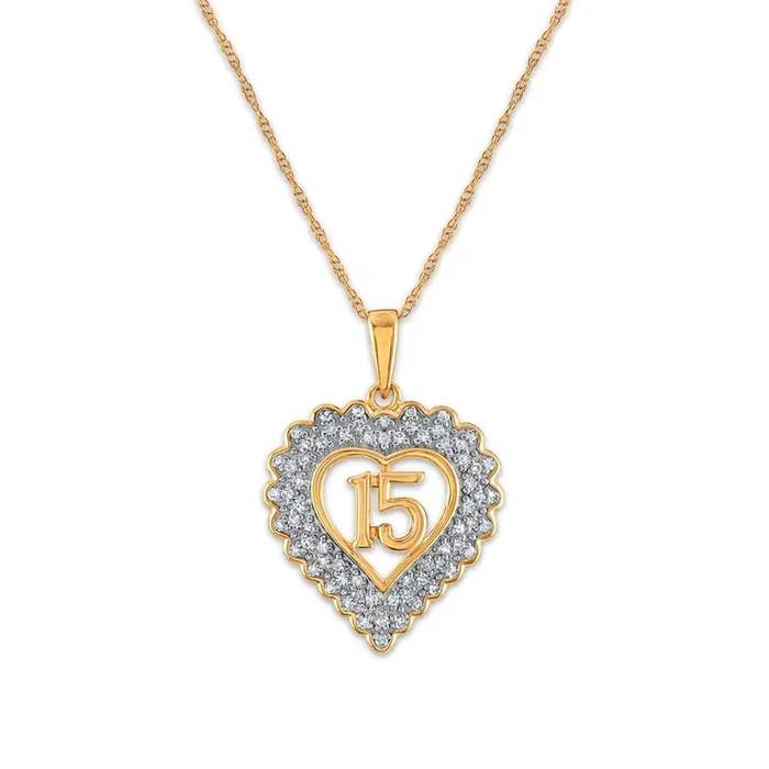 1/5 CTW Natural Diamond Quinceanera Heart 18-inch Pendant in 10KT Yellow Gold