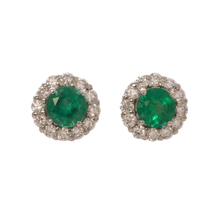 1.93ctw Round Emerald & Diamond Cluster 18K Gold Stud Earrings