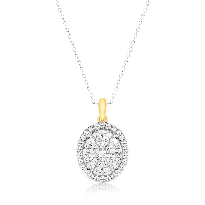 1 Carat Diamond Oval Cluster Shaped Pendant in 9ct Yellow Gold & Sterling Silver on 45cm Sterling Silver Chain