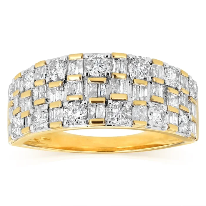 1 Carat Diamond Ring with Round Brilliant and Baguette Diamonds in 9ct Yellow Gold