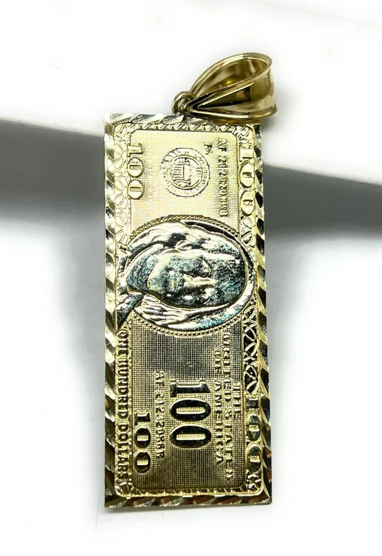 10k Solid Gold 100 Dollar Bill Pendant Necklace (SM, MED, LG)