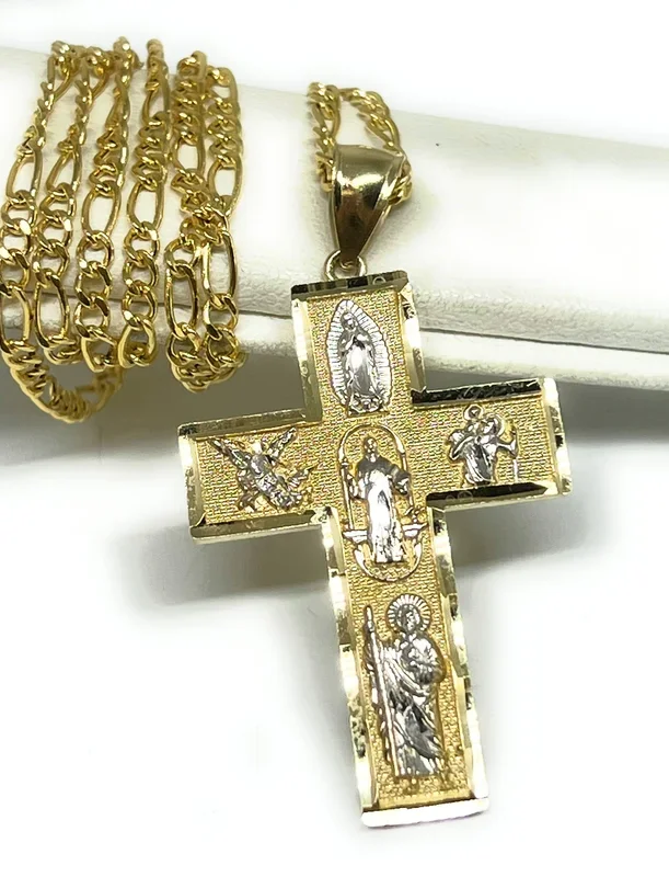 10k Solid Gold 2-Tone 5 Way Pendant Necklace Virrgin Mary, Sann Bennito, St. Michael, Saan Judas, Nino Dios (SM, MED)