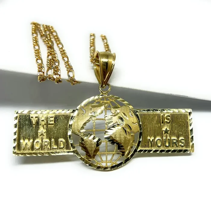 10k Solid Gold “THE WORLD IS YOURS” GLOBE WORLD Horizontal Pendant Necklace (7.8g)