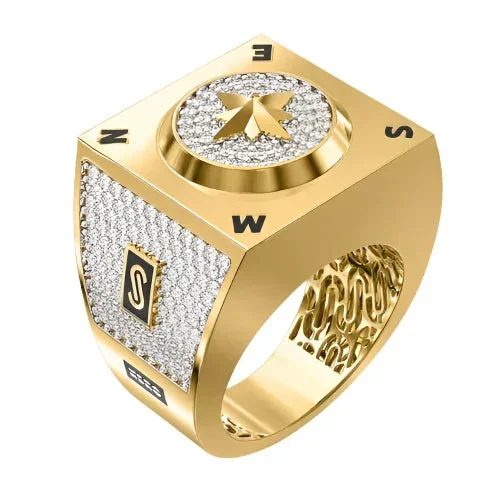 10k Solid Gold MONACO NERO CZ MENS MARITIME COMPASS RING (NERO 3)