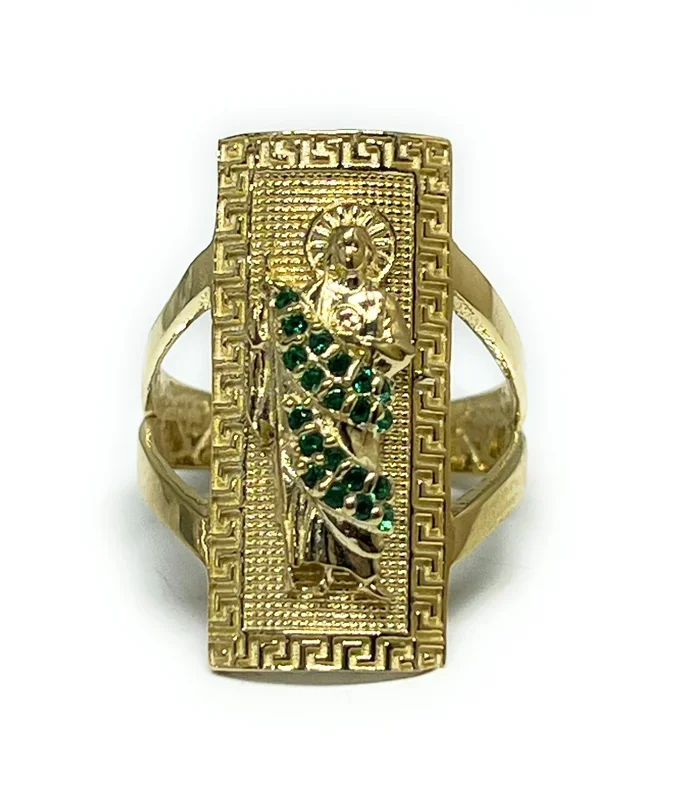 10k Solid Gold SAAN JUDAS SAAINT JUDE GREEK BORDER GREEN CZ Ring (4.4g)
