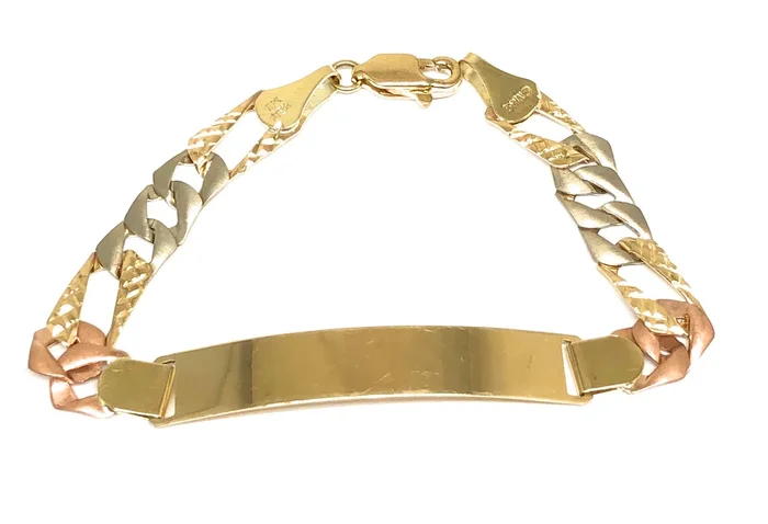10k Solid Gold Tri-Color Figaro ID Brracelet 6-8 inch 6.5mm width (Free Engraving, Email us name!)