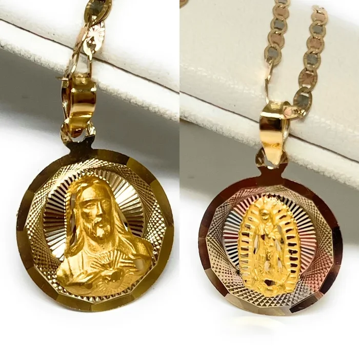 10k Solid Gold Tri-Color Jesus Sagrado Corazon & Virrgin Mary Double Sided Pendant Necklace (MADE IN MX)