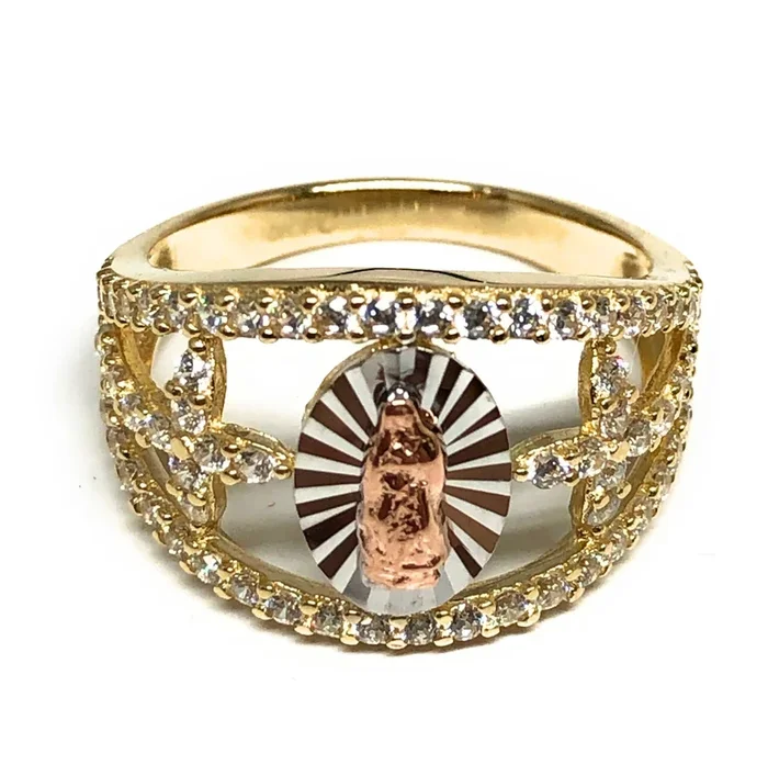 10k Solid Gold Tri-Color Virrgin Mary Cross CZ Ring (FC 01)