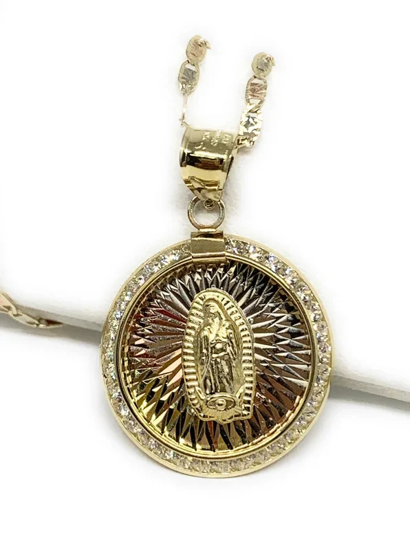 10k Solid Gold Tri-Color Virrgin Mary CZ Round Pendant Necklace Virrgen Gaudalupe (MED)