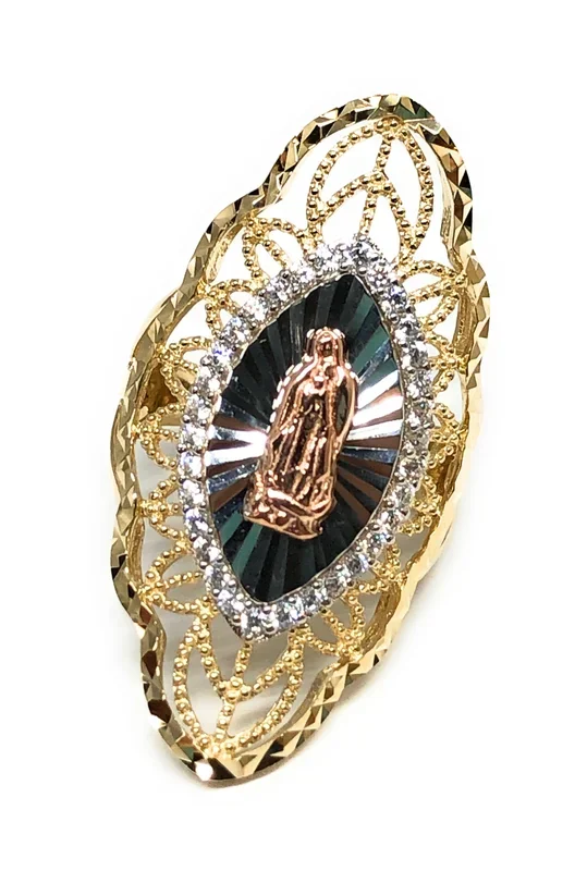 10k Solid Gold Tri-Color Virrgin Mary Oval Fancy CZ Ring (FC 14)