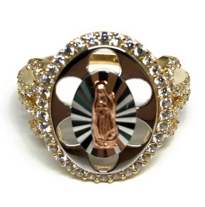 10k Solid Gold Tri-Color Virrgin Mary Round CZ Ring (FC 04)