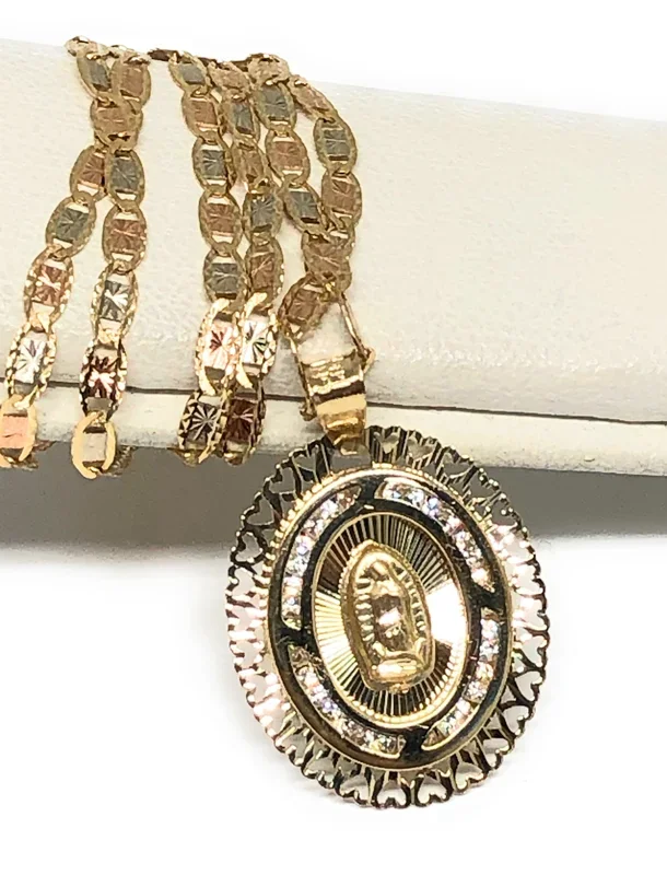 10k Solid Gold Virrgin Mary CZ Pendant Necklace Virrgen Gaudalupe Valentina Chain (SM)