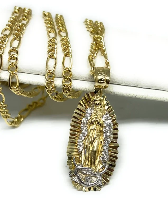 10k Solid Gold Virrgin Mary CZ Pendant Virrgen Guadalupe Figaro Chain