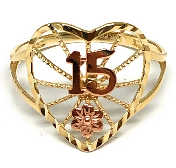 10k Solid Gold Yellow & Rose Gold 15 Años Heart Ring (FC 82)
