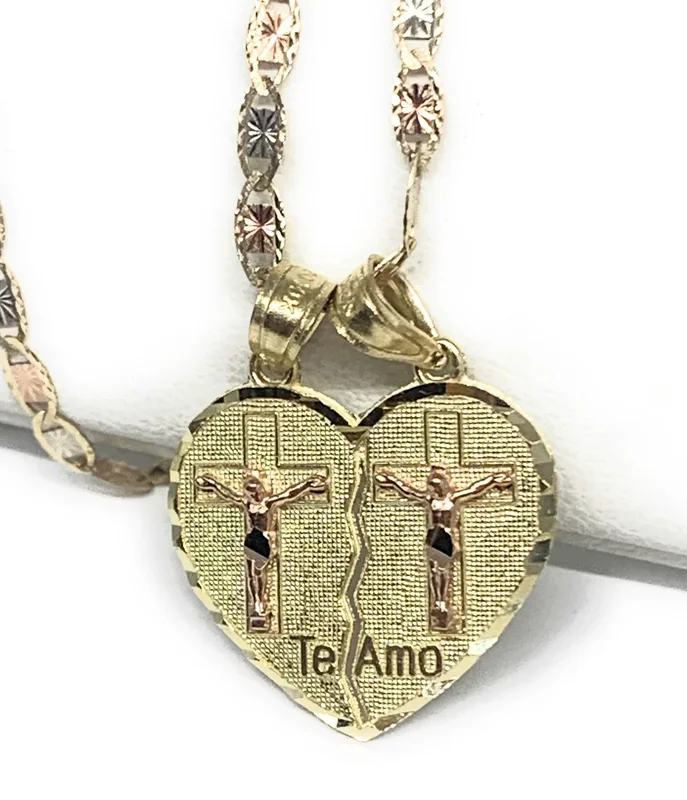 10k Solid Gold Yellow & Rose Gold Double Cristo Cross Jesus “Te Amo” Heart Split Pendant