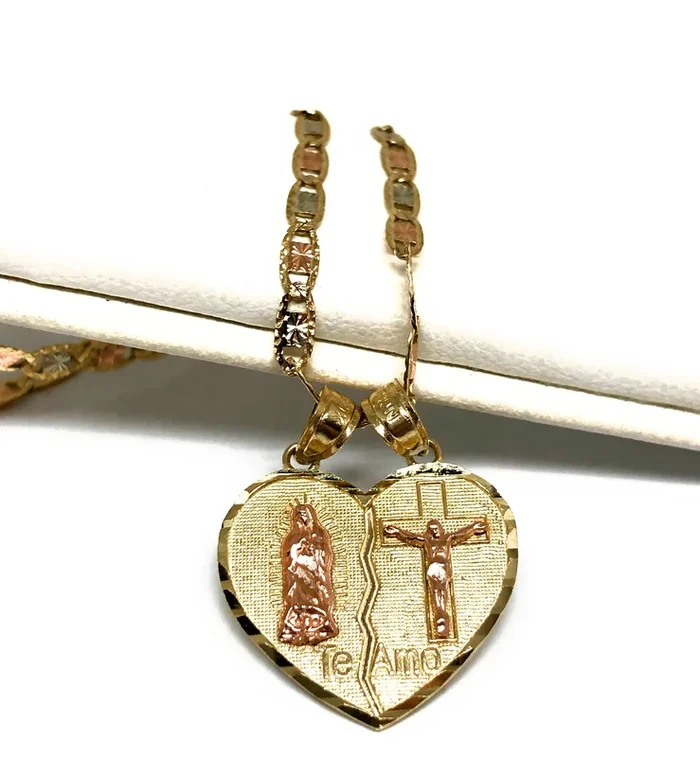 10k Solid Gold Yellow & Rose Gold Virrgin Mary “Te Amo” Heart Split Pendant (XS,SM)