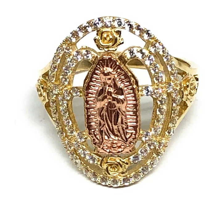 10k Solid Gold Yellow & Rose Gold Virrgin Mary CZ Flower Ring