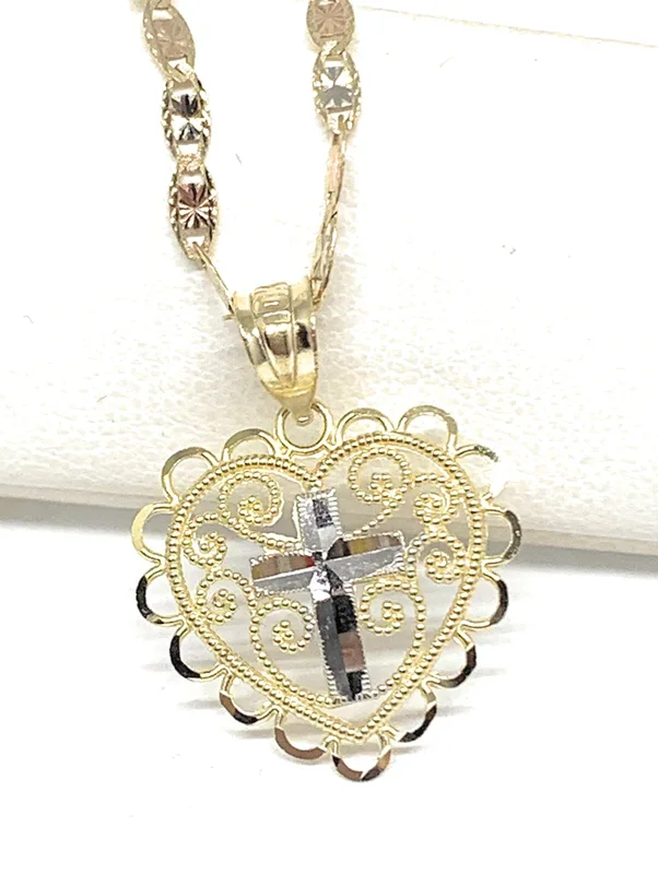 10k Solid Gold Yellow & White Gold Cross Heart Filigran Pendant Necklace