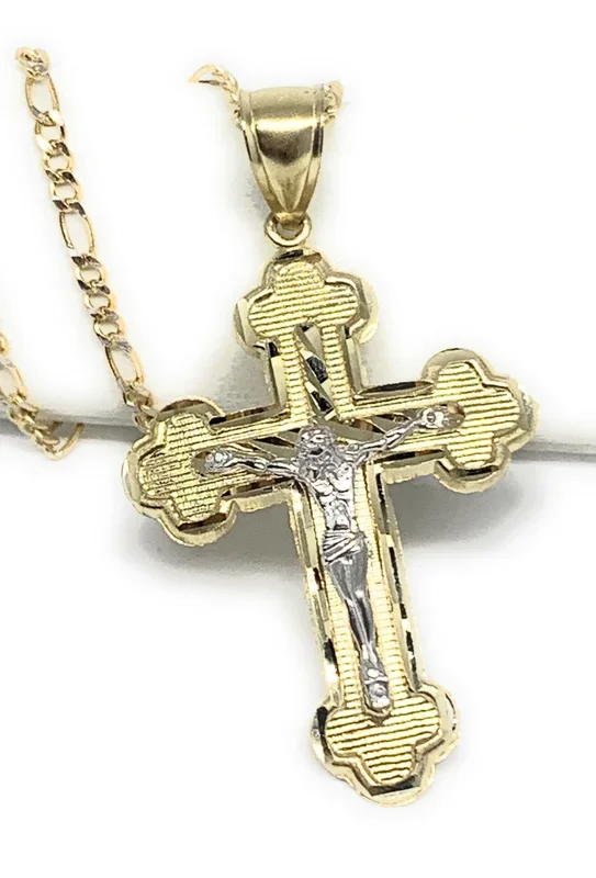 10k Solid Gold Yellow Classic 2-Tone Jesus Cross Classic Crucifix Pendant Necklace