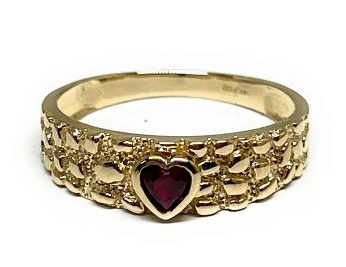 14k Solid Gold Yellow Classic Nugget RED CZ HEART Ring (FC 288)