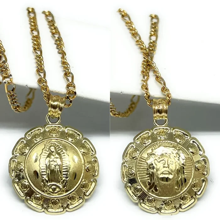 10k Solid Gold Yellow Jesus Face & Virrgin Mary Double Sided Pendant Necklace (SM, MED, LG)
