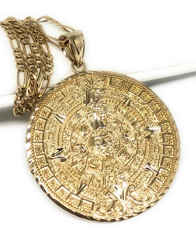 10k Solid Gold Yellow Mexican Aztec Calendar Pendant Necklace (10.5g) (FC)