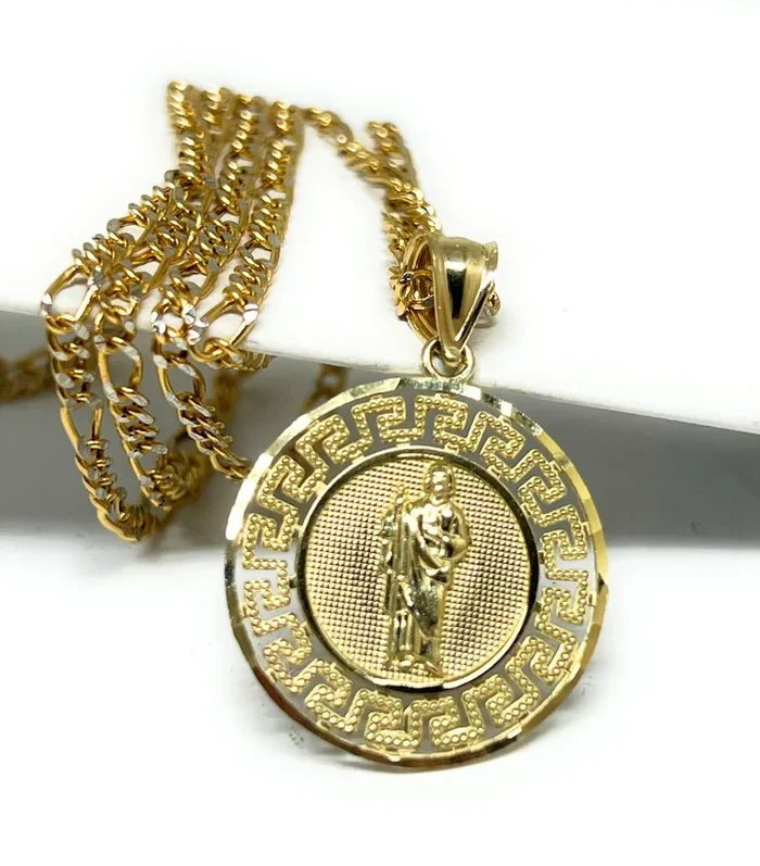 10k Solid Gold Yellow SAAN JUDAS SAAINT JUDE Greek Border Pendant Necklace