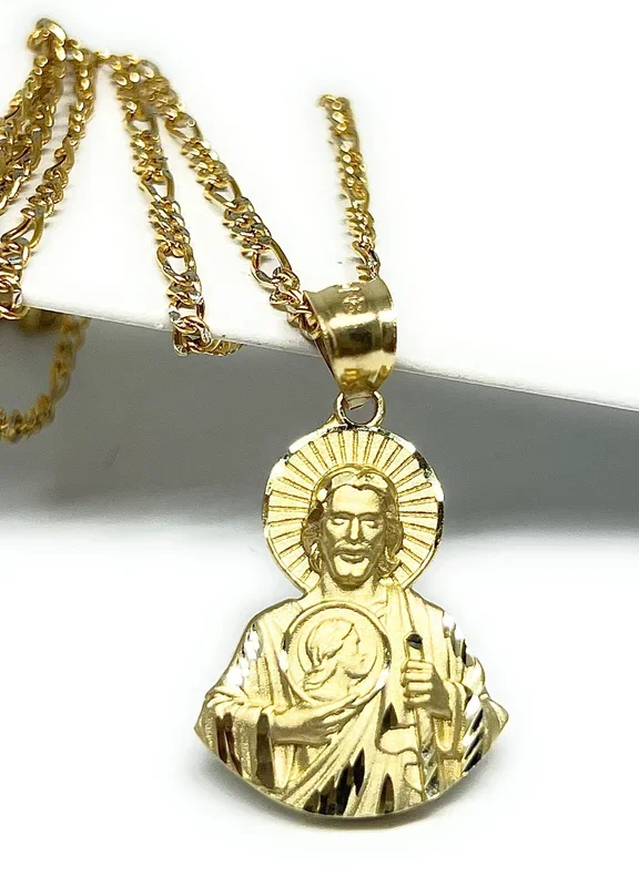 10k Solid Gold Yellow Saan Judas Saaint Jude HALF BODY Pendant Figaro Chain (LG)