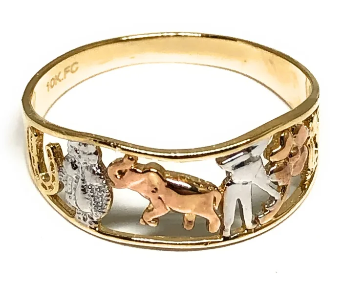 10k Solid Gold Yellow Tri-Color Lucky Symbols Ring Suerte (FC 89)