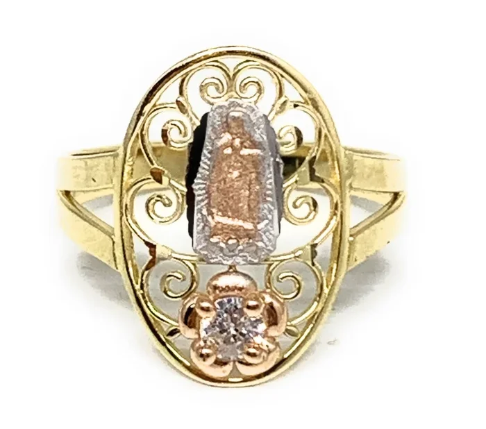 10k Solid Gold Yellow Tri-Color Virrgin Mary CZ Filigran Flower Ring