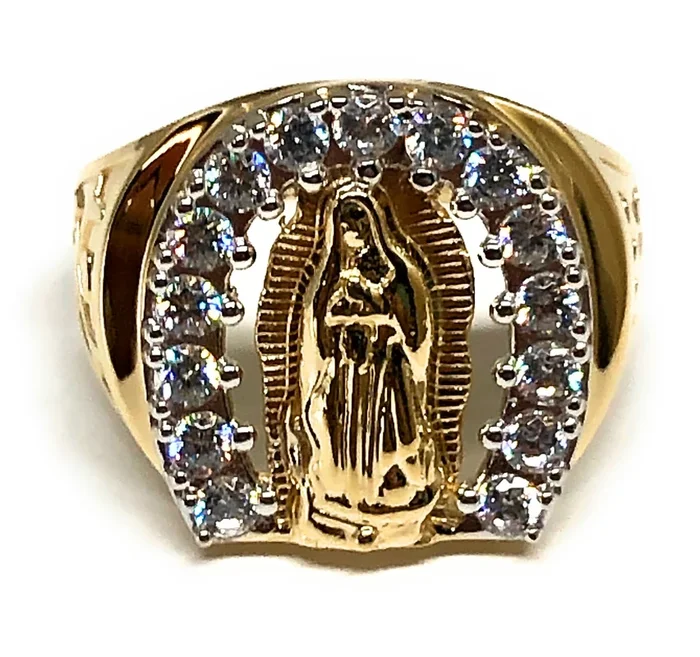 10k Solid Gold Yellow Virrgin Mary Horseshoe CZ Ring (FC 21) (6.2g)