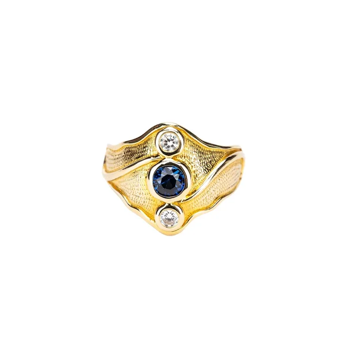 10k Yellow Gold Lab Grown Blue Sapphire and Cubic Zirconia Rocks ‘n Rivers Ring