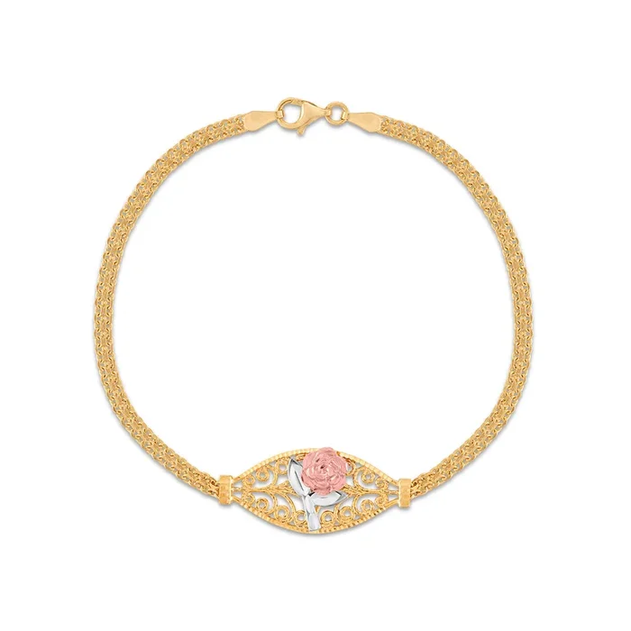 10KT Tri-Color Gold 7-inch Filigree Flower Bracelet