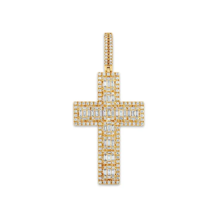 10KT Yellow Gold 2-1/4 CTW Natural Diamond 62X29MM Cross Pendant. Chain Not Included