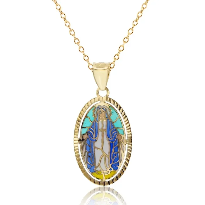 10KT Yellow Gold 26X12MM 18-inch Religious Virgin Mary Pendant
