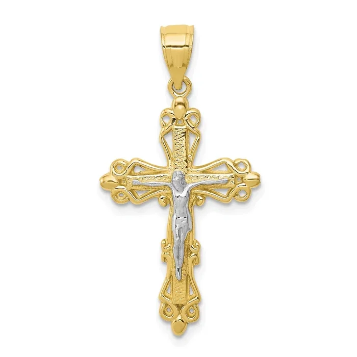 10KT Yellow Gold With Rhodium Plating 35X19MM Crucifix Cross Pendant. Chain Not Included