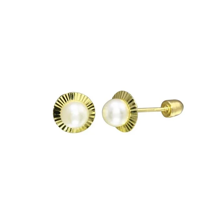 14E00055. – Pendiente de botón con cierre de rosca y diamante central de perla de 4 mm en oro amarillo de 14 quilates.
