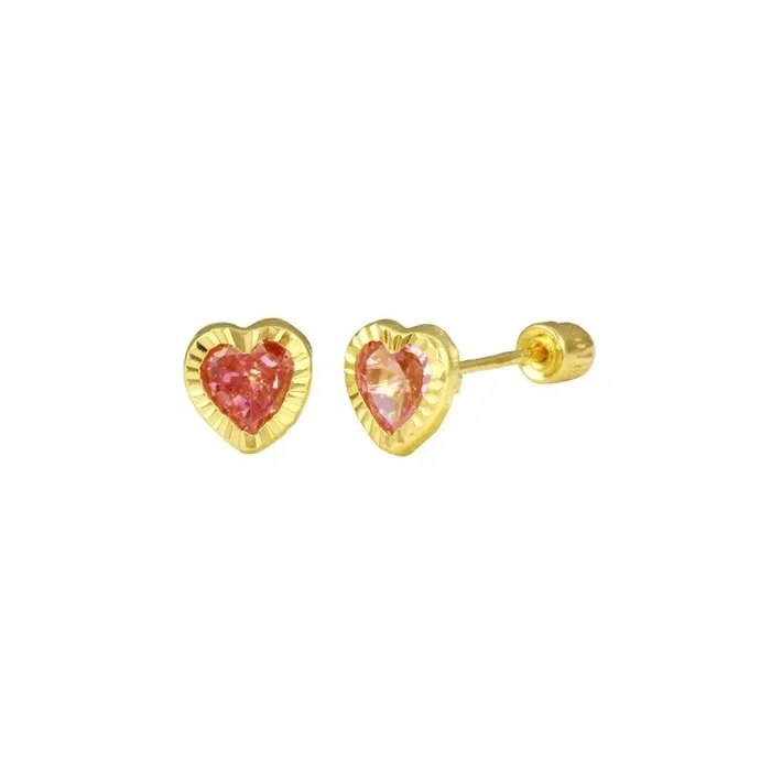 14E00067. – 14 Karat Yellow Gold Heart Pink CZ Screw Back Stud Earring