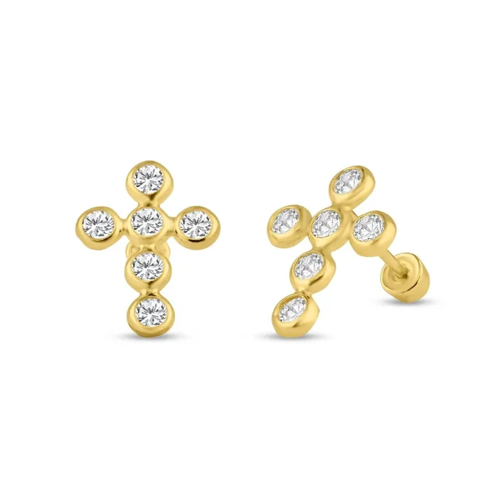 14E00118. – 14 Karat Yellow Gold CZ Cross Screw Back Stud Earring