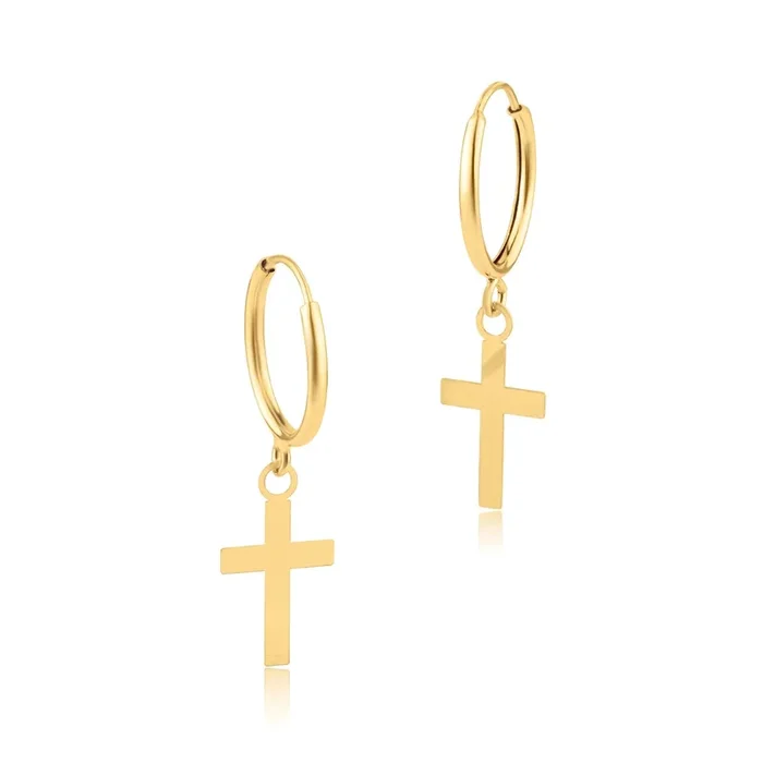 14E00227. – 14 Karat Yellow Gold Dangling Cross Huggie Earring