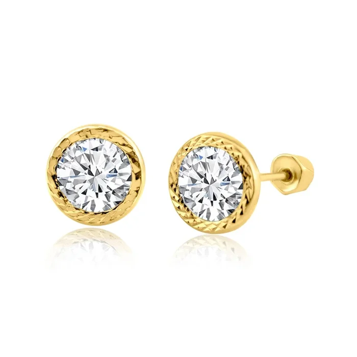 14E00239. – 14 Karat Yellow Gold Clear Bezel Round Stud Screw Back Earring