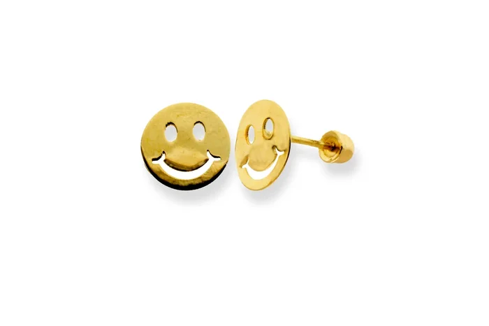 14E00246. – 14 Karat Yellow Gold Happy Face Stud Screw Back Earring